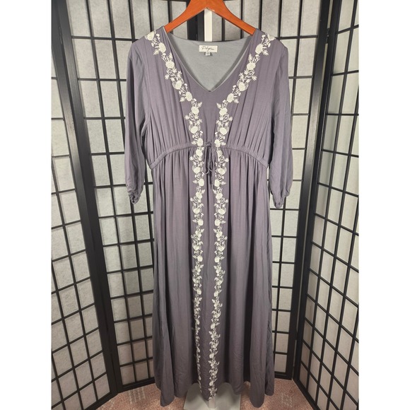 Polagram Dresses & Skirts - Polagram Purple Floral Embroidered Boho Maxi Dress V-Neck 3/4 Sleeve Large